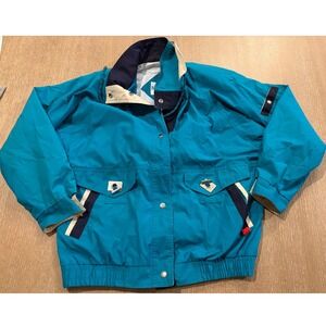 Vintage Innovations Women Medium Teal Hooded Windbreaker Jacket Colorblock Retro